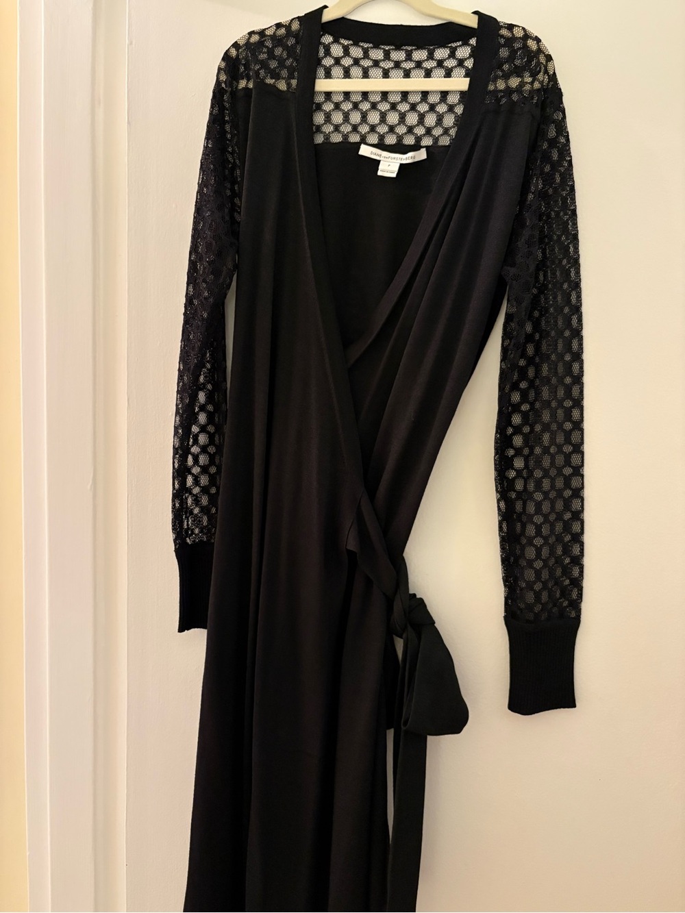 Diane Von Furstenberg Black Lace-Sleeve Silk Wrap Dress